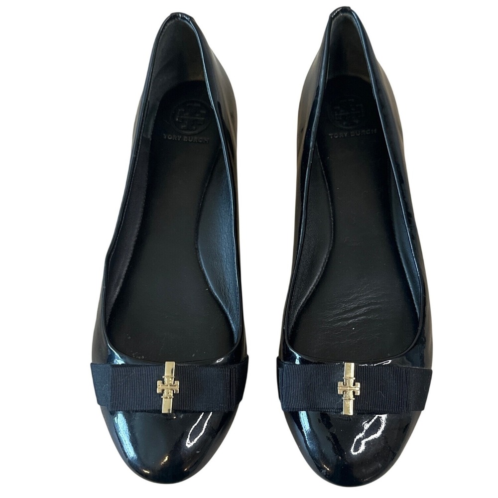 Tory Burch Trudy Patent Leather Ballet Flats Black Bow Logo Size 8.5